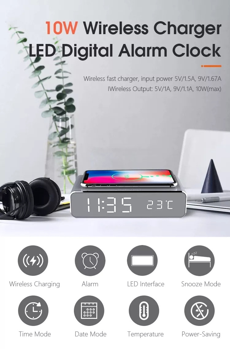 Smart Wireless Charging Led Temperature Display Digital Alarm Clock QI 5W 10W W258 Wireless Charger For Bedroom Bedside Office