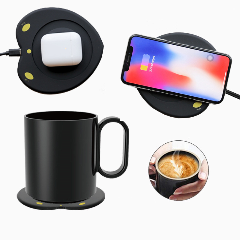 Creative business gift oem logo smart mug warmer wireless heated coffee cup 55 degrees thermostatic mug 15W wireless charger