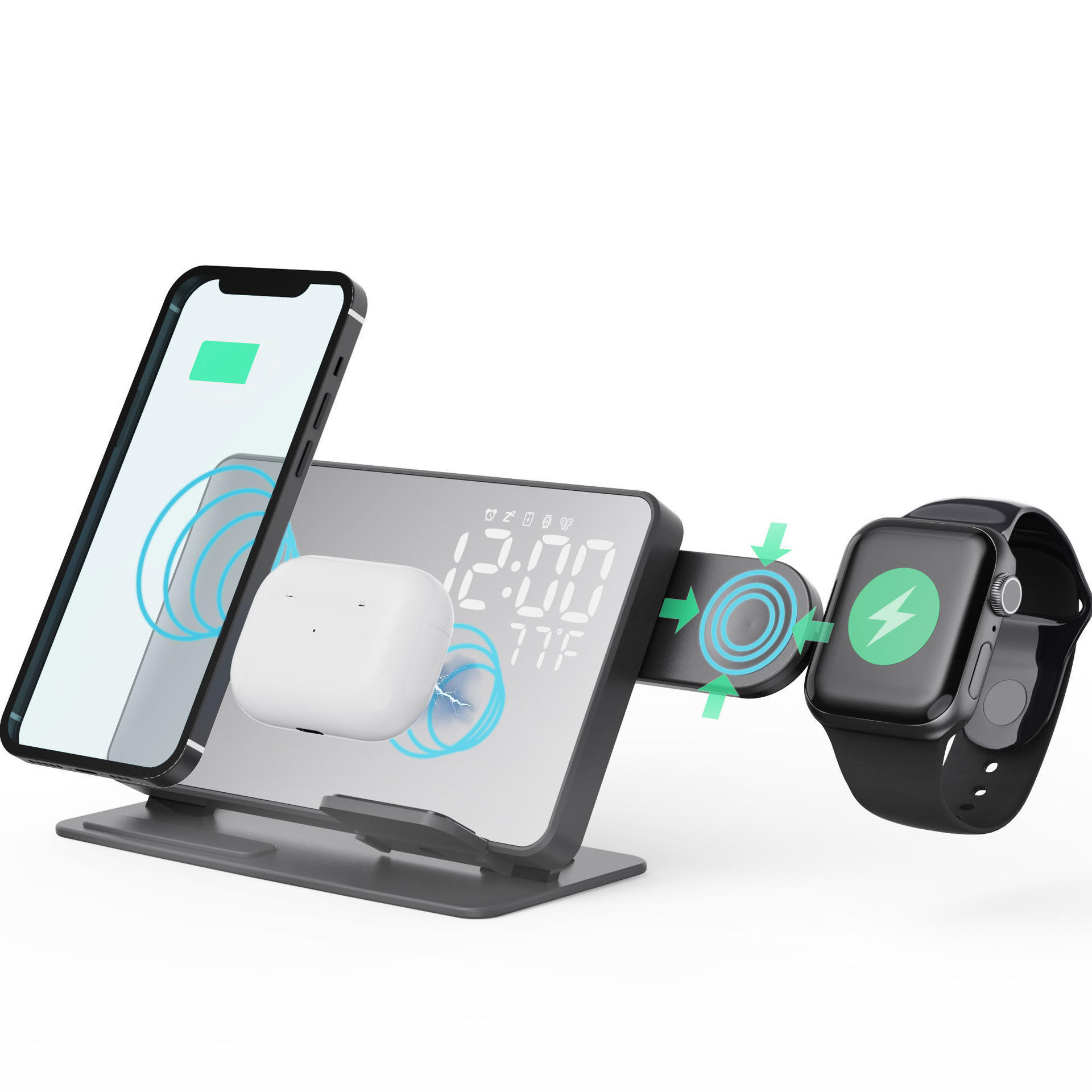 Multifunctional Clock Wireless Charger Hot Selling 15W 4 in 1 LED Clock Foldable Fast Phone Wireless Charger for iPhone iWatch