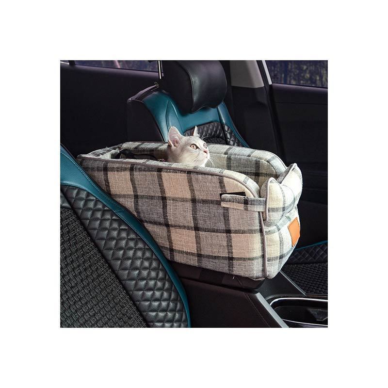 Wear-resistant Plaid Linen Pet Dog Armrest Car Seat, Car Central Control Safety Console Travel Pet Carrier