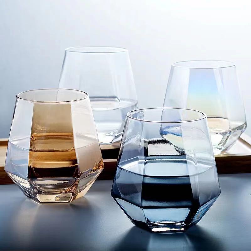 Hight quality machine blown clear square tumbler stemless wine glasses hexagon diamond whiskey glass cup