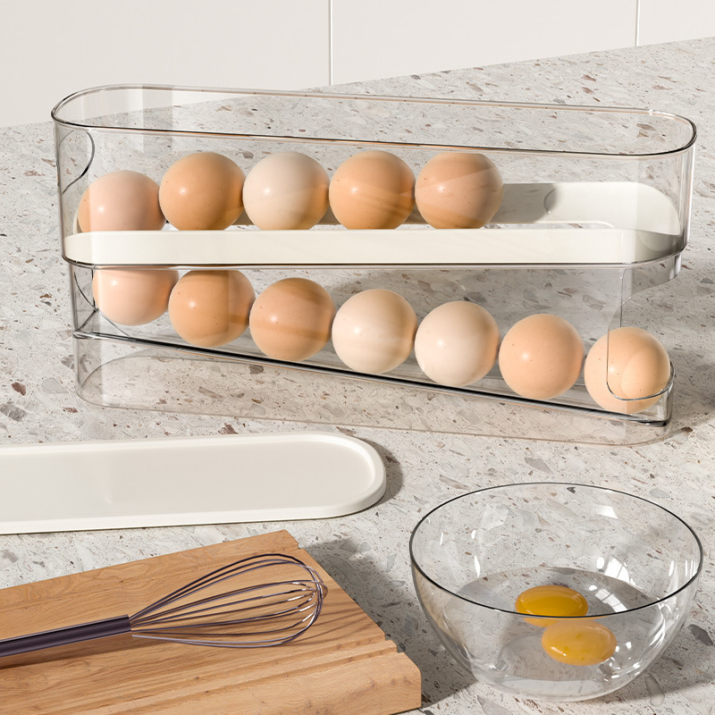 Wholesale 2 Tier Automatic Rolling Chicken Egg Storage Container Box With Lid Stackable Egg Organizer Storage Rack for Fridge