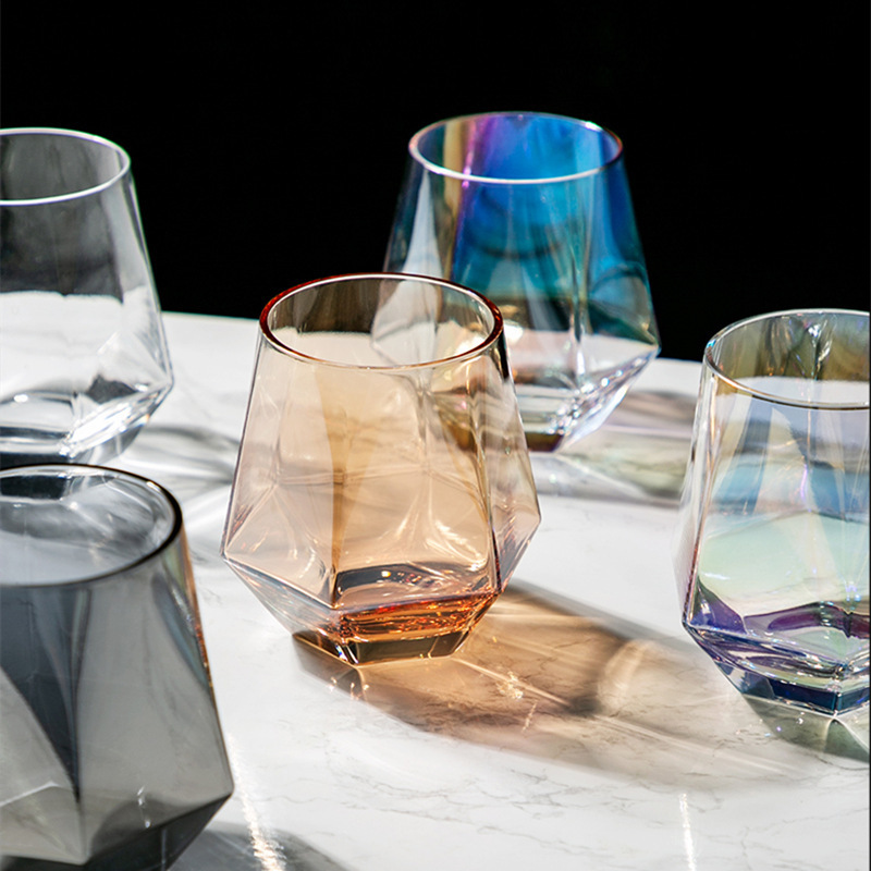 Hight quality machine blown clear square tumbler stemless wine glasses hexagon diamond whiskey glass cup