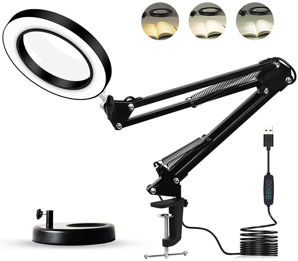 Adjustable Swing Arm LED Magnifier Desk Lamp USB Clip-on Table Lamp Magnifying Glass Light with Clamp Magnifying Lamp