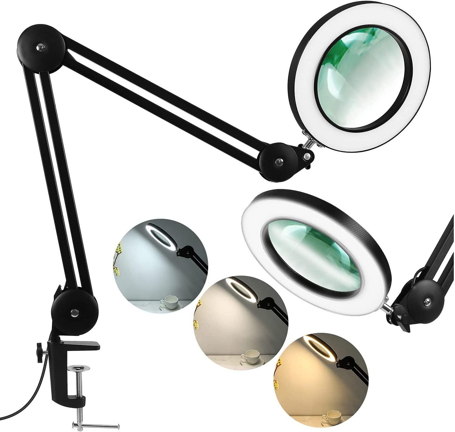 Adjustable Swing Arm LED Magnifier Desk Lamp USB Clip-on Table Lamp Magnifying Glass Light with Clamp Magnifying Lamp