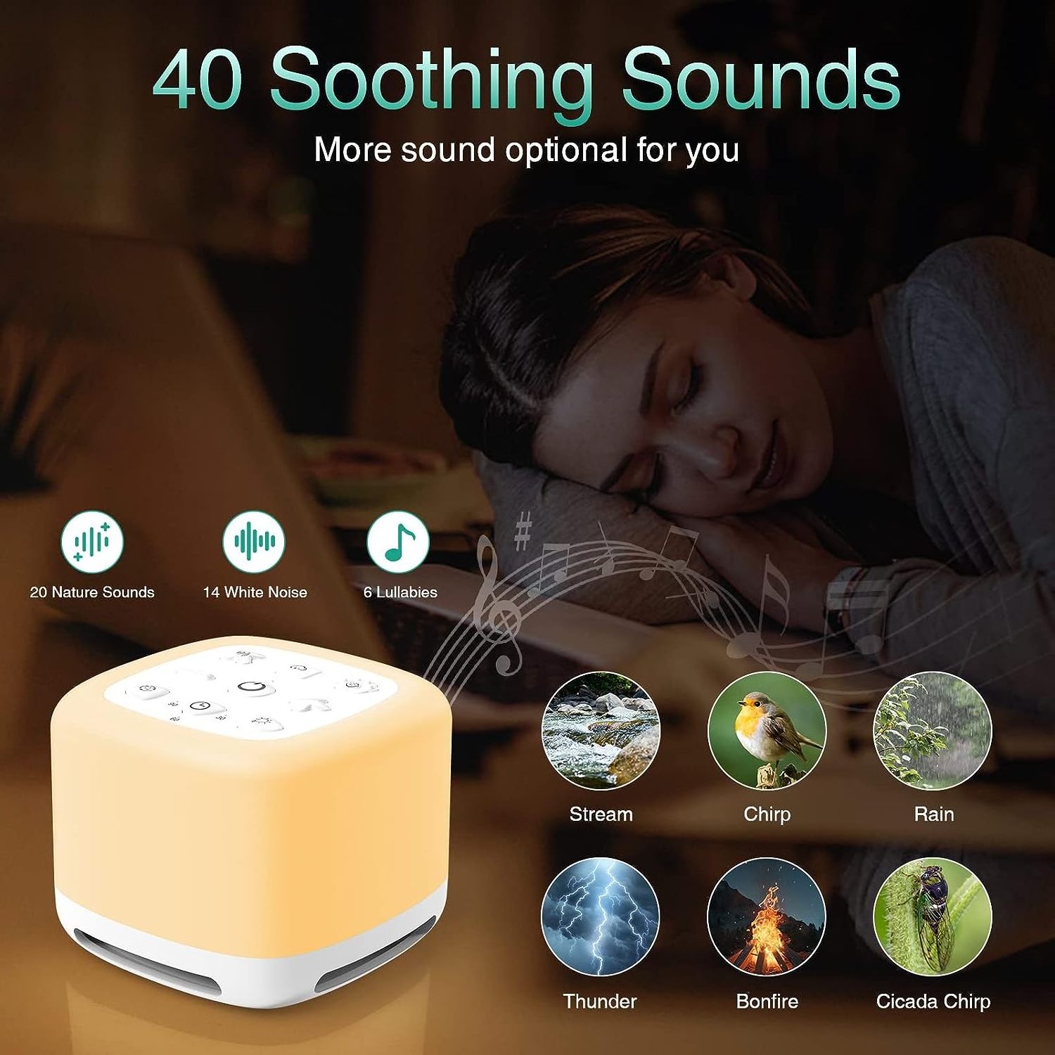 White Noise Sound Machine Bluetooth Speaker 7 Colors Night Light 40 Soothing Sounds Rechargeable Portable Kids Sound Machine