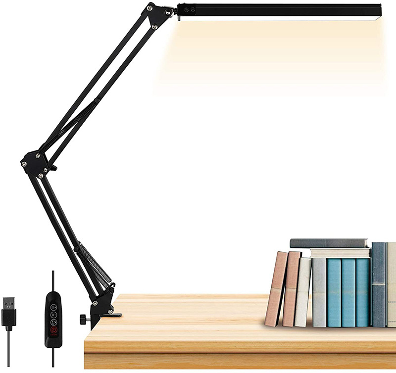 USB Clip-on Table Lamp, Eye-Care Dimmable Reading Light, Swing Arm LED Desk Lamp with Clamp