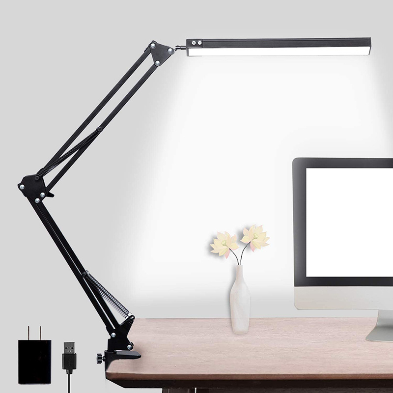 USB Clip-on Table Lamp, Eye-Care Dimmable Reading Light, Swing Arm LED Desk Lamp with Clamp