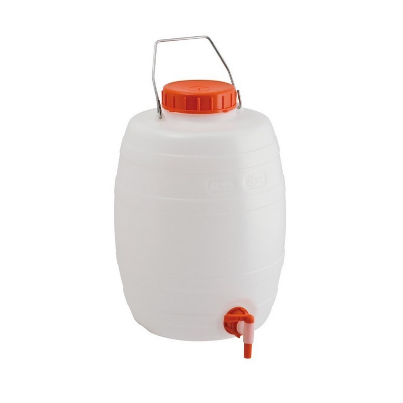 Robust barrel canister in neutral HDPE High Density Polyethylene with cap lid and tap suitable for food contact