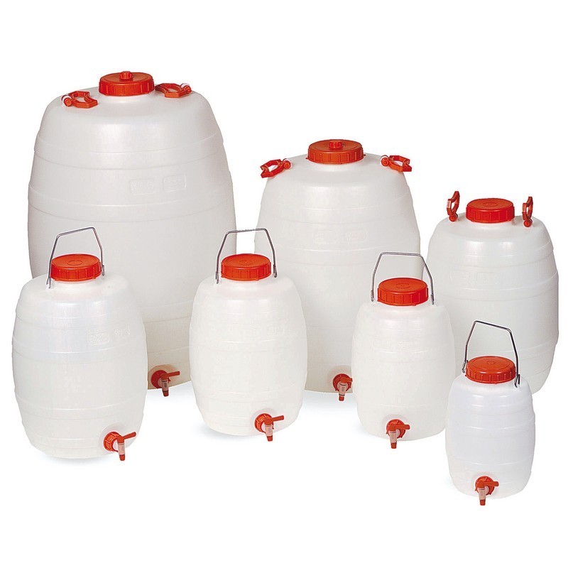 Robust barrel canister in neutral HDPE High Density Polyethylene with cap lid and tap suitable for food contact