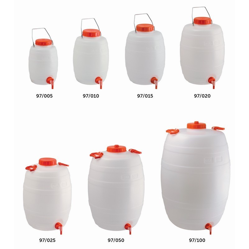 Robust barrel canister in neutral HDPE High Density Polyethylene with cap lid and tap suitable for food contact