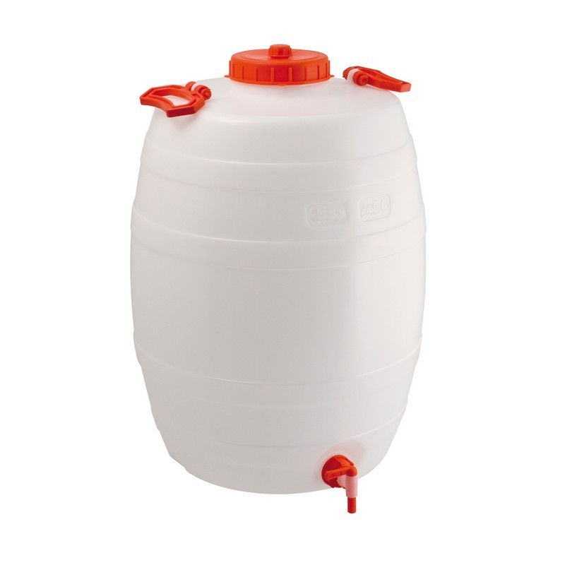 Robust barrel canister in neutral HDPE High Density Polyethylene with cap lid and tap suitable for food contact