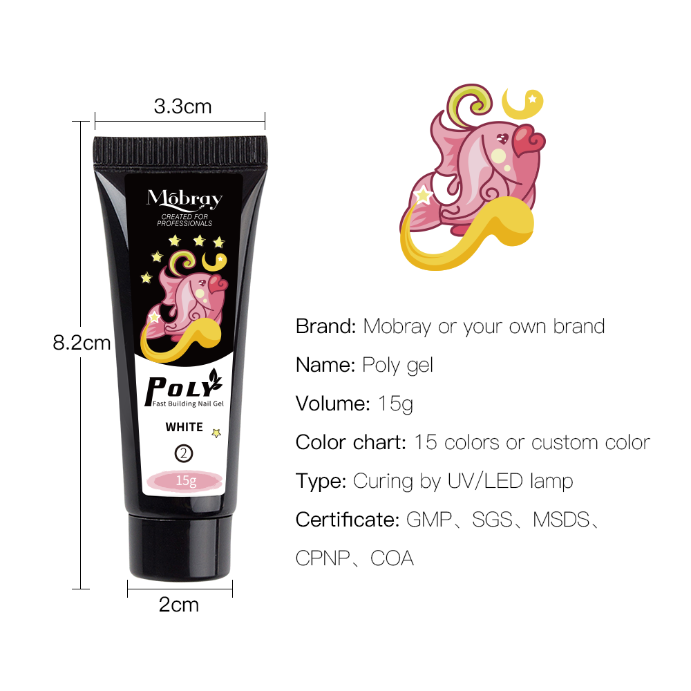 Mobray Colors Private Label Non Toxic Uv Poly Nail Gel 30ml/15ml Tube Professional Clear Poly Acryl Gel