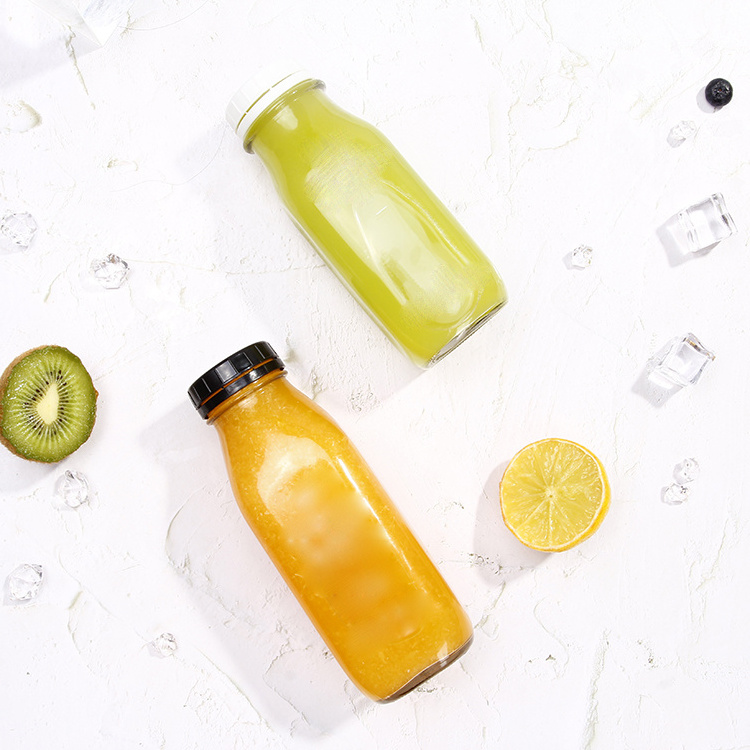 Glass Juice Bottles with Lids Reusable Glass Square Beverages Drinking Jars with Tamper-proof Black Caps for  Kombucha Smoothie