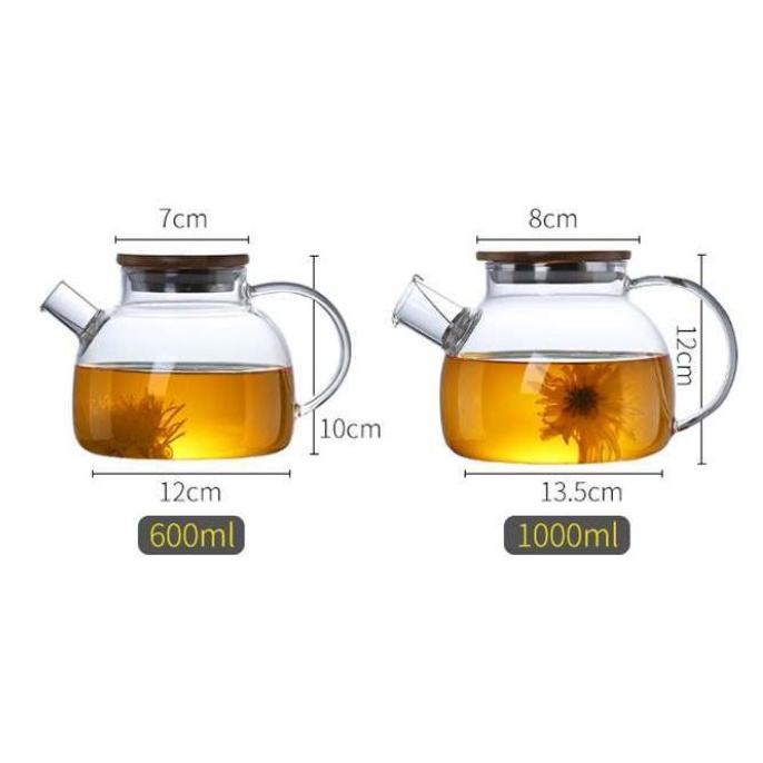 Teabloom Stovetop Safe Glass Teapot with Bamboo Lid (40oz/1200ml) Loose Leaf Tea Filter Spout