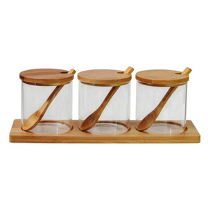 High Airtight Kitchen Food Storage Container Glass Spice Jar with Bamboo Lids and Spoon