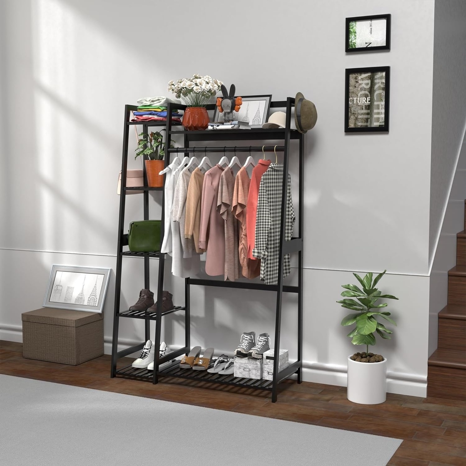 Clothing Rack with Shelves, Bamboo Clothes Rack for Hanging Clothes, Garment Rack for Living Room, Bedroom, Entryway, Bathroom