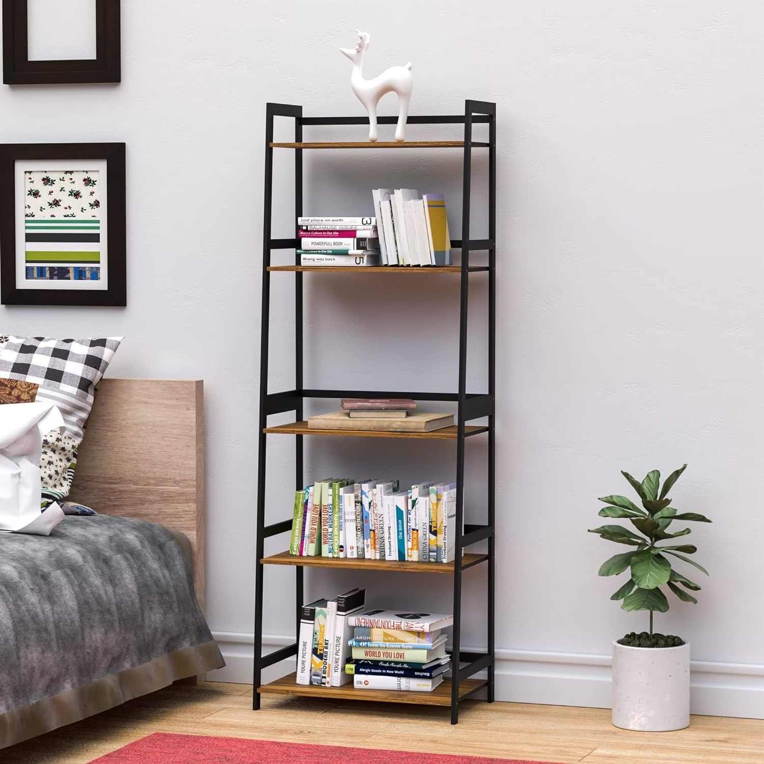 Bookshelf, Black Book Shelf, Ladder Bookcase, 5 Tier Tall Book case for Bedroom, Living Room, Office(Brown)