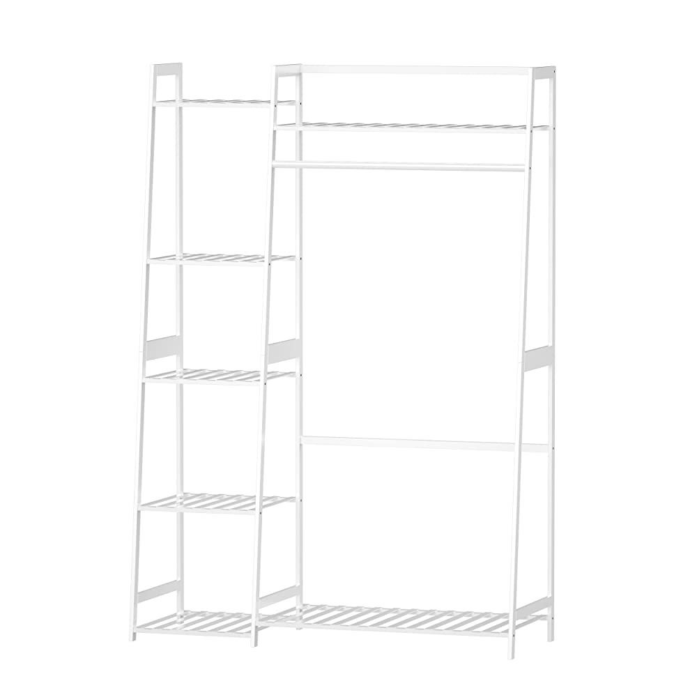 Clothing Rack with Shelves, Bamboo Clothes Rack  Garment Rack for Living Room, Bedroom, Entryway, Bathroom, white