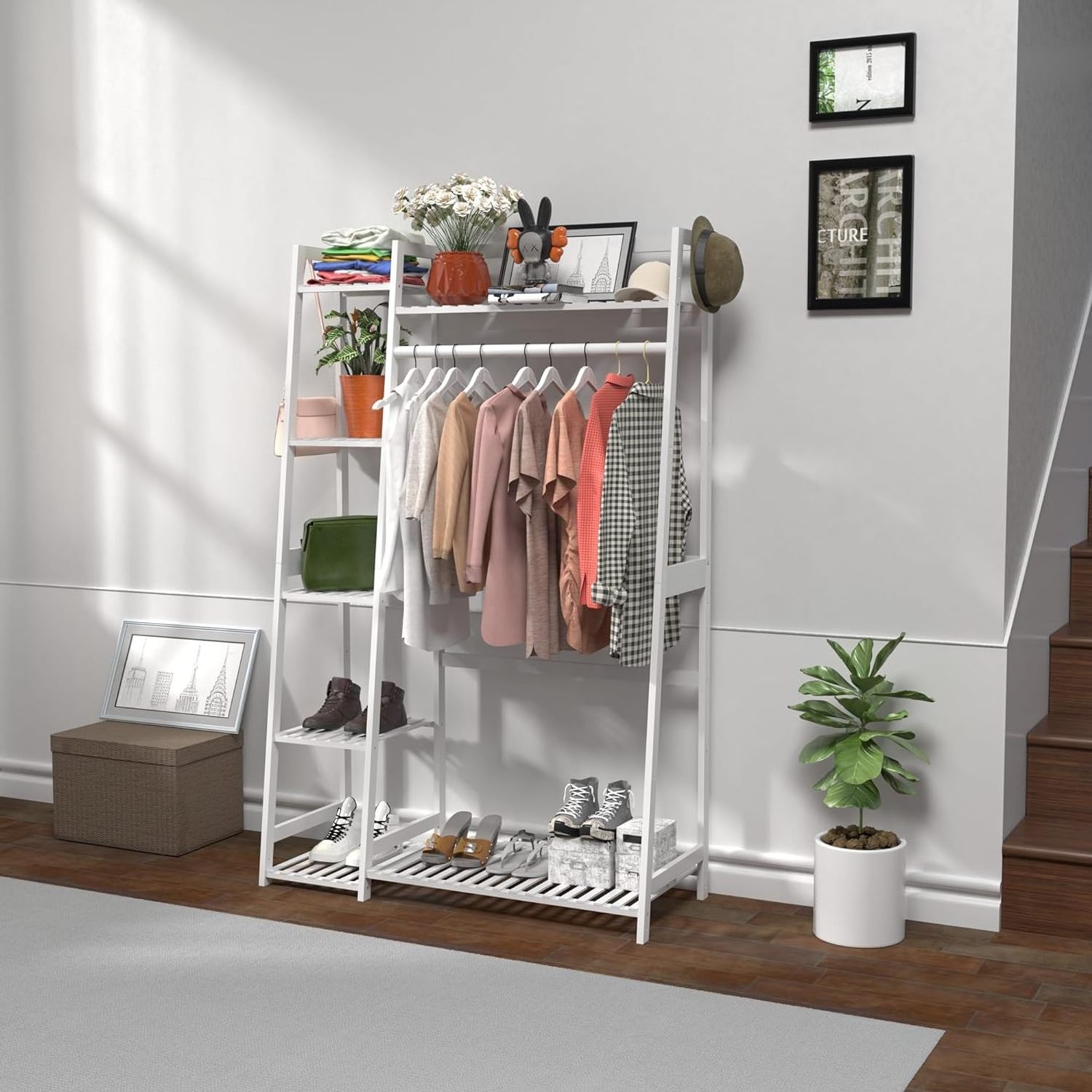 Clothing Rack with Shelves, Bamboo Clothes Rack  Garment Rack for Living Room, Bedroom, Entryway, Bathroom, white