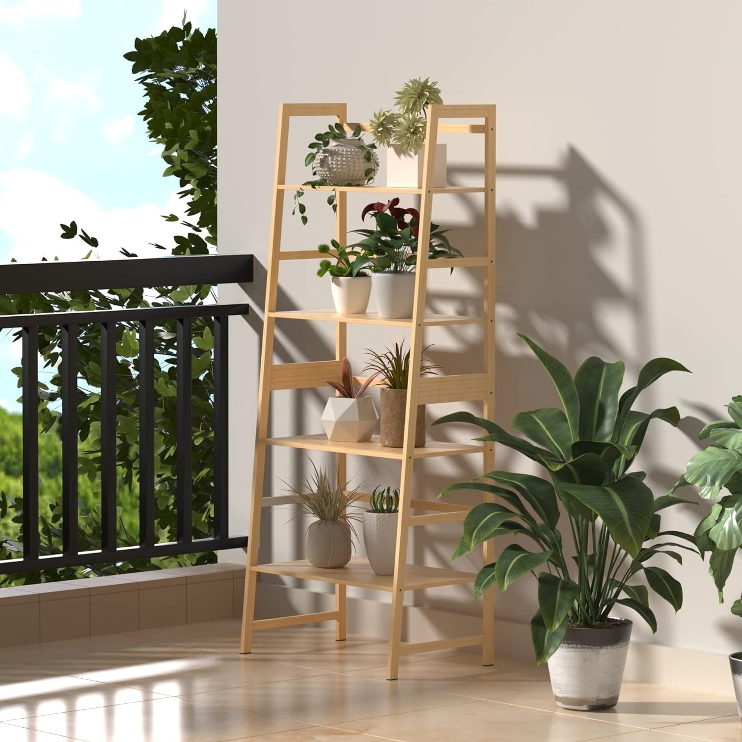 Bookshelf, Ladder Bookcase, 5 Tier Tall Book case for Bedroom, Living Room, Office, Natural