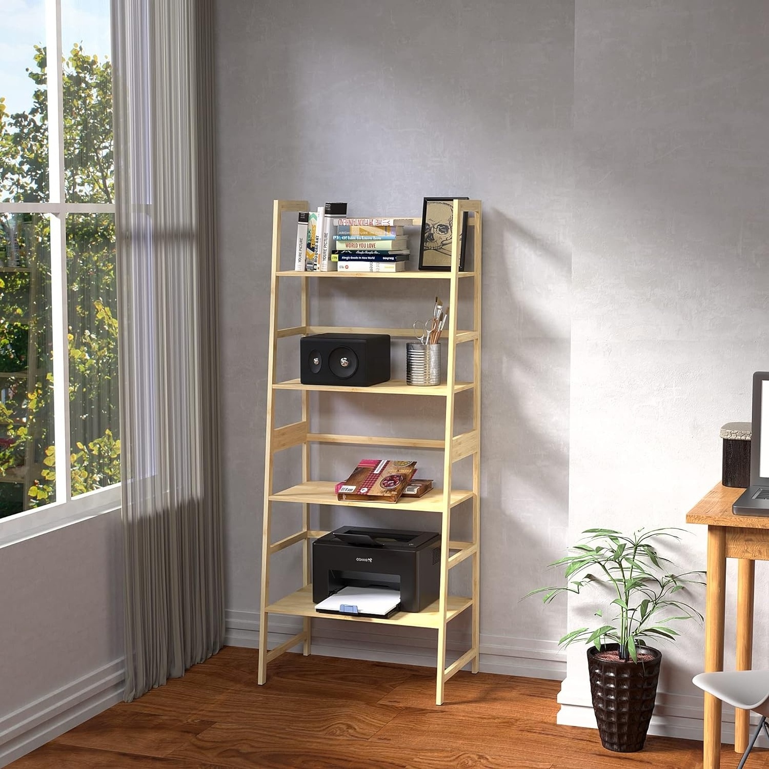 Bookshelf, Ladder Bookcase, 5 Tier Tall Book case for Bedroom, Living Room, Office, Natural