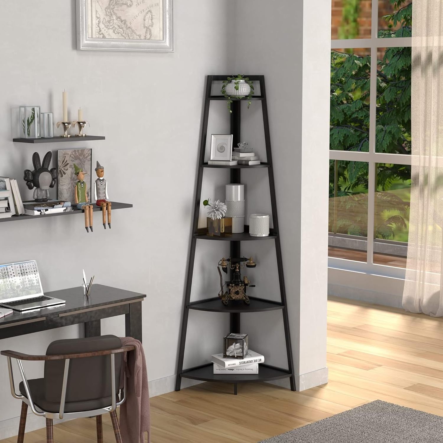 5-tier Corner Shelf , Bookcase, Standing Shelf, Corner Bookcase for Displaying Plant Flowers, Storage Shelf, Black