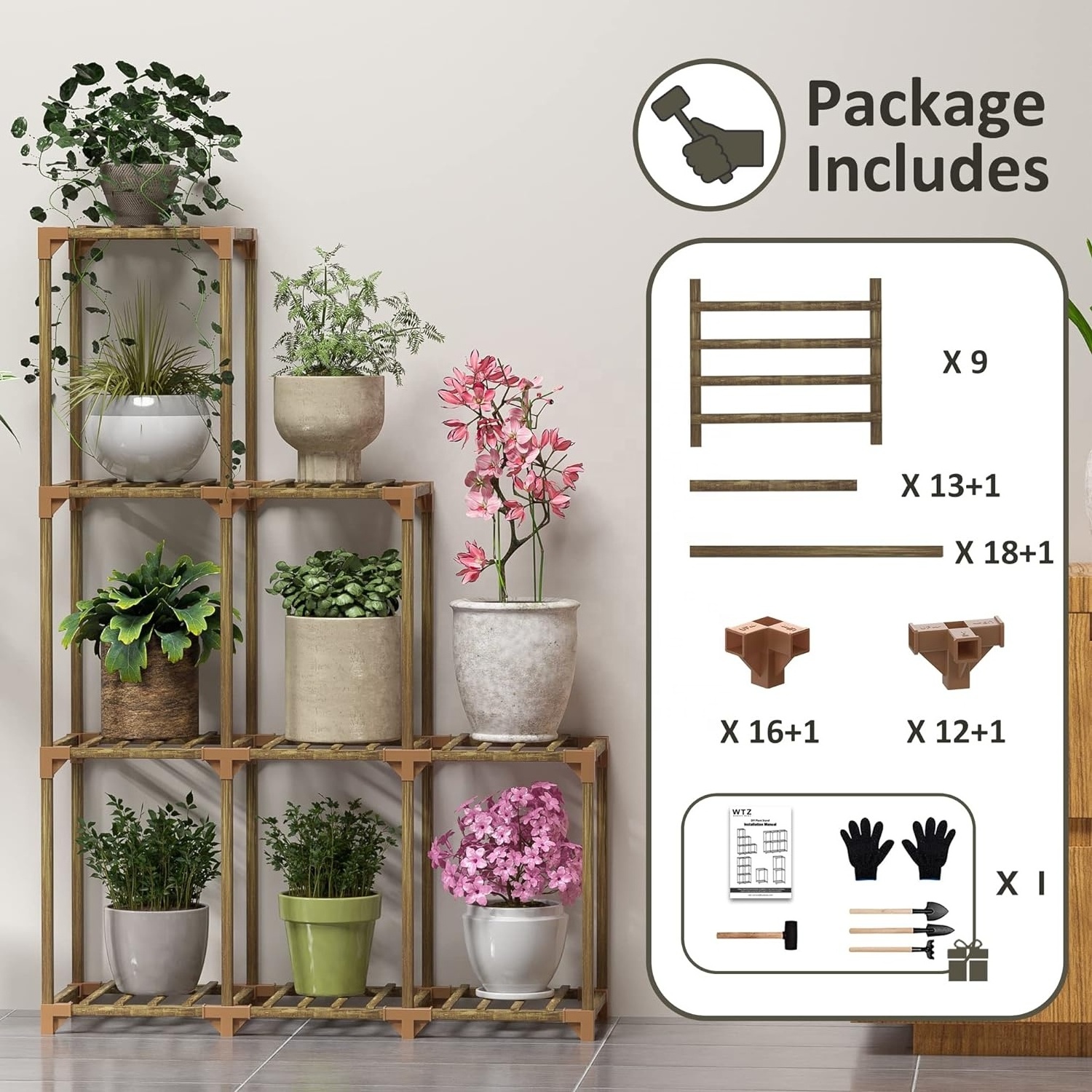 DIY Plant Stand Indoor, Bamboo Plant Shelf, Corner Plant Holder, Tiered Ladder Flower Stand, Window Plant Rack ,Natural