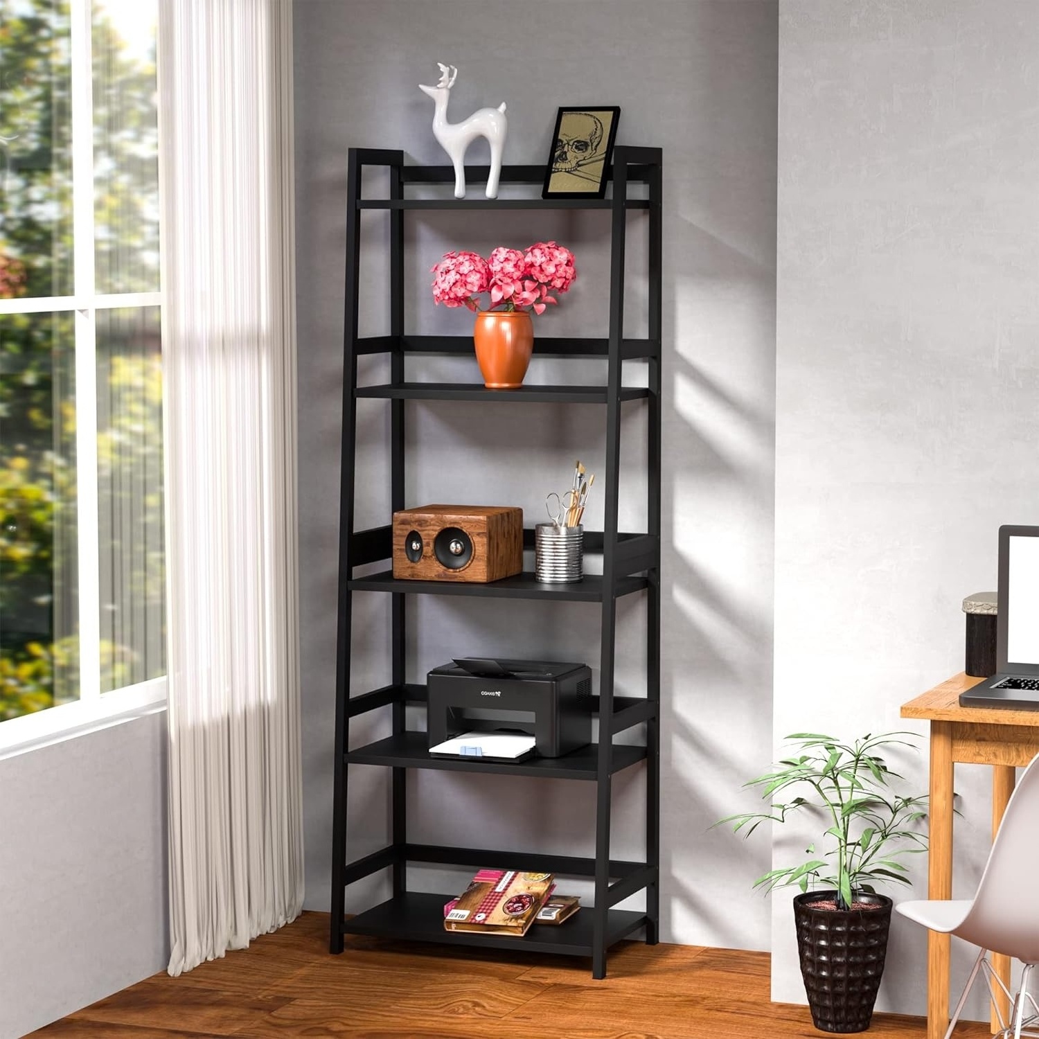 5 Tier Tall Bookcase,Storage Bookshelf Modern Open Ladder Shelf for Bedroom, Living Room, Bathroom, Kids Room, Office (Black)