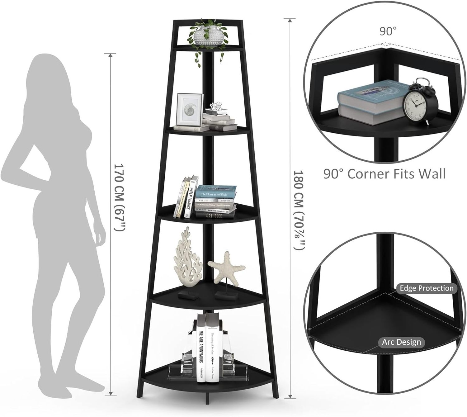 5-tier Corner Shelf , Bookcase, Standing Shelf, Corner Bookcase for Displaying Plant Flowers, Storage Shelf, Black