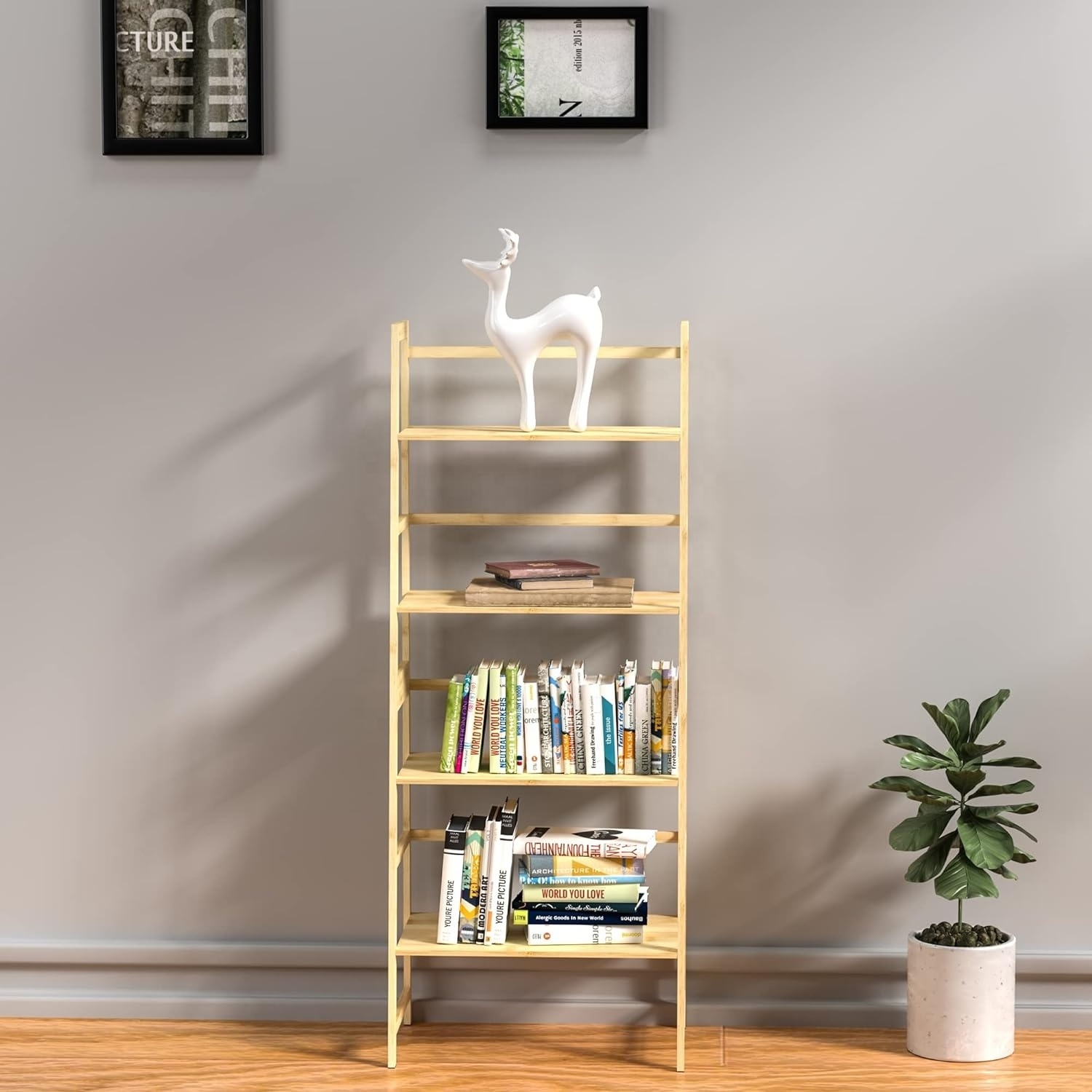 Bookshelf, Ladder Bookcase, 5 Tier Tall Book case for Bedroom, Living Room, Office, Natural