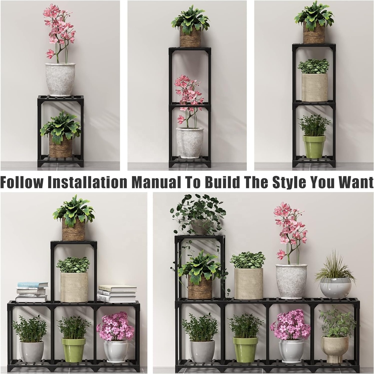 DIY Plant Stand Indoor, Bamboo Plant Shelf, Corner Plant Holder, Tiered Ladder Flower Stand, Window Plant Rack ,  Black