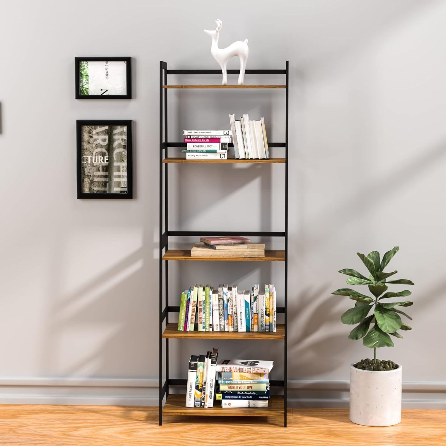 Bookshelf, Black Book Shelf, Ladder Bookcase, 5 Tier Tall Book case for Bedroom, Living Room, Office(Brown)