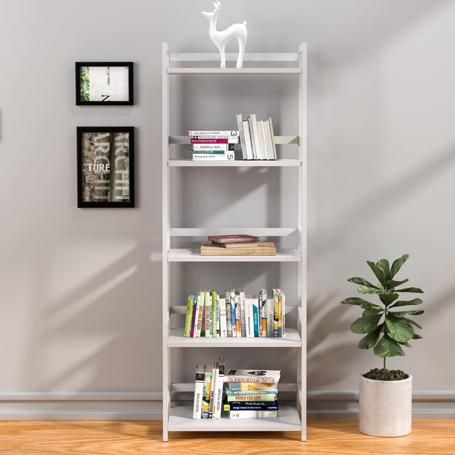 5 Tier Tall Bookcase,Storage Bookshelf Modern Open Ladder Shelf for Bedroom, Living Room, Bathroom, Kids Room, Office (White)