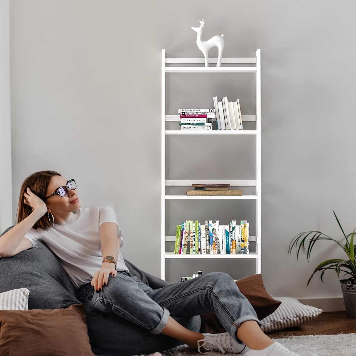 5 Tier Tall Bookcase,Storage Bookshelf Modern Open Ladder Shelf for Bedroom, Living Room, Bathroom, Kids Room, Office (White)