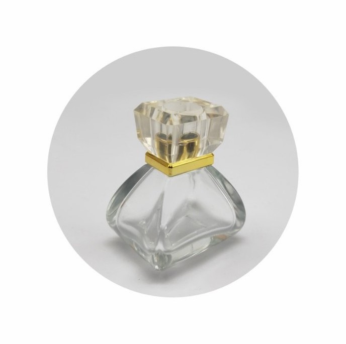 30ML special-shaped triangular pyramid spray high quality crimp neck perfume glass bottle with square lid with gold ring