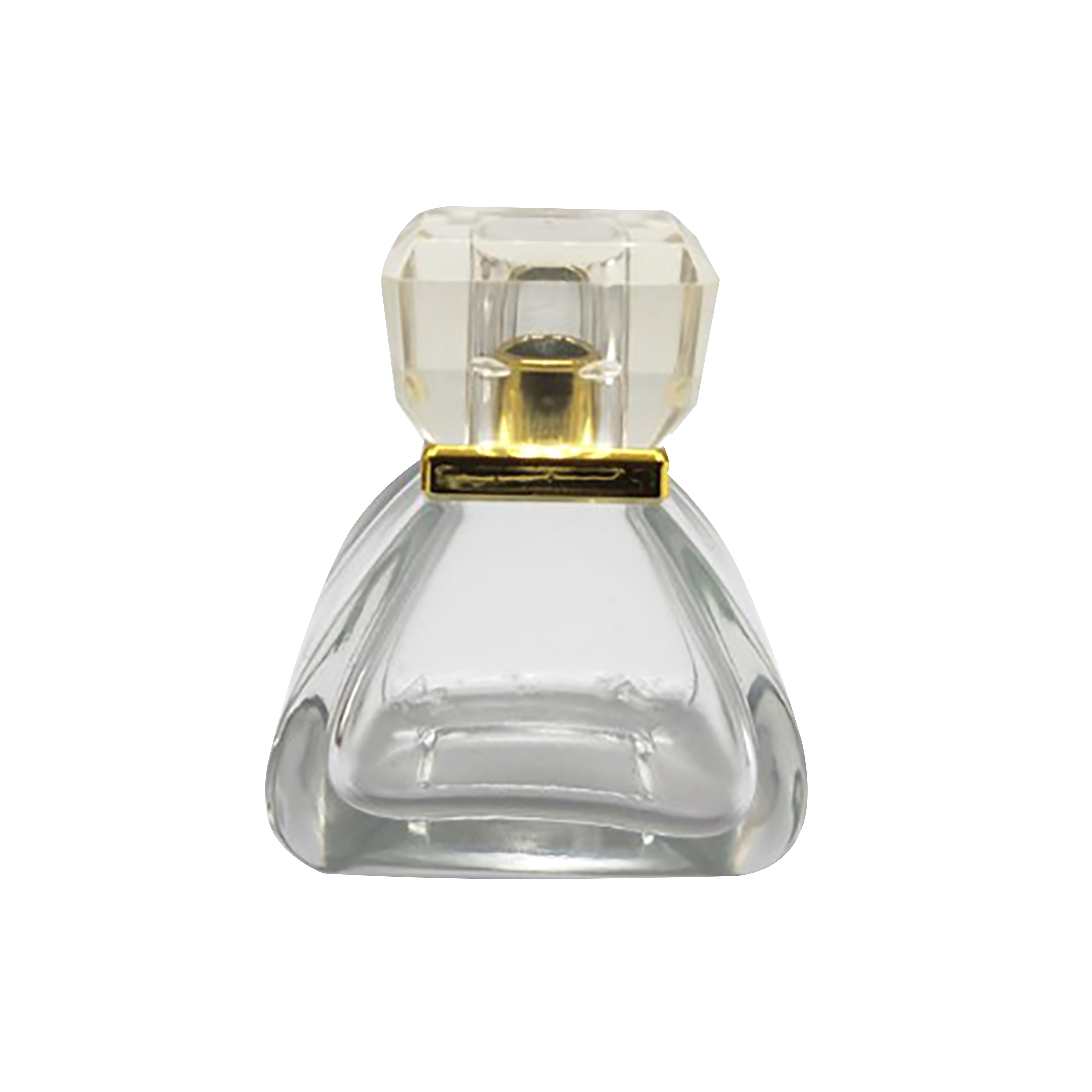 30ML special-shaped triangular pyramid spray high quality crimp neck perfume glass bottle with square lid with gold ring