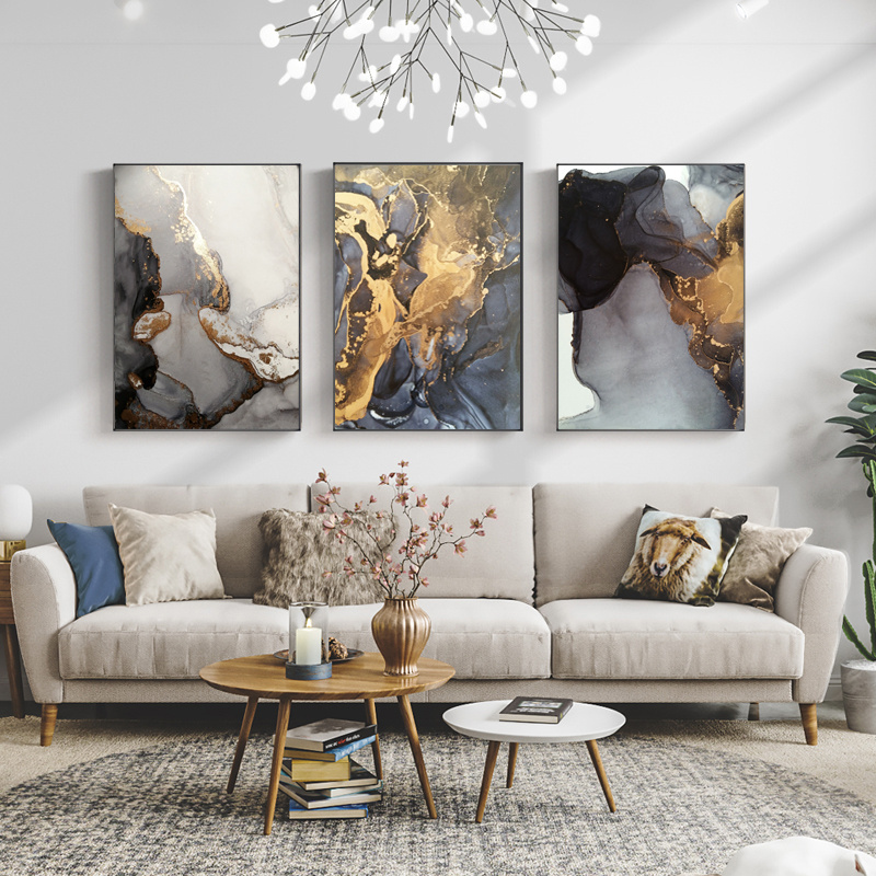 custom abstract gold and black cloud 3 panels  painting set with gold foil canvas wall art