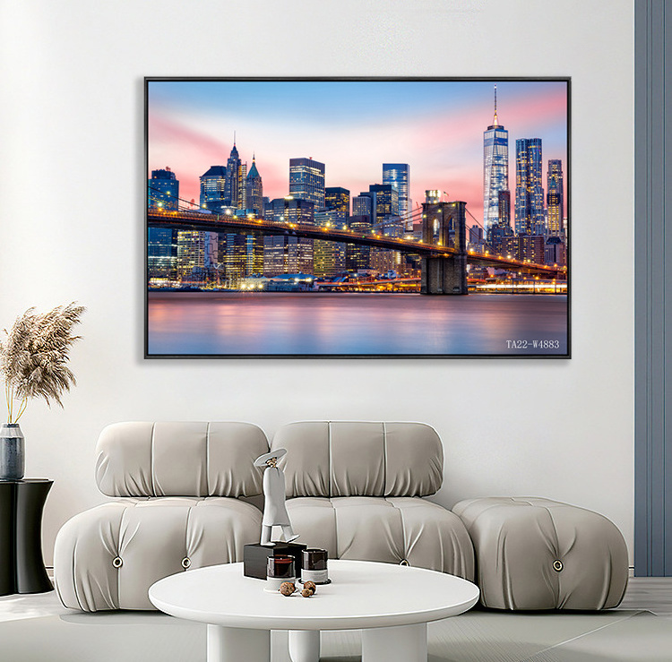 Morden city night skyline cityscape canvas led painting wall art light up for home decorative