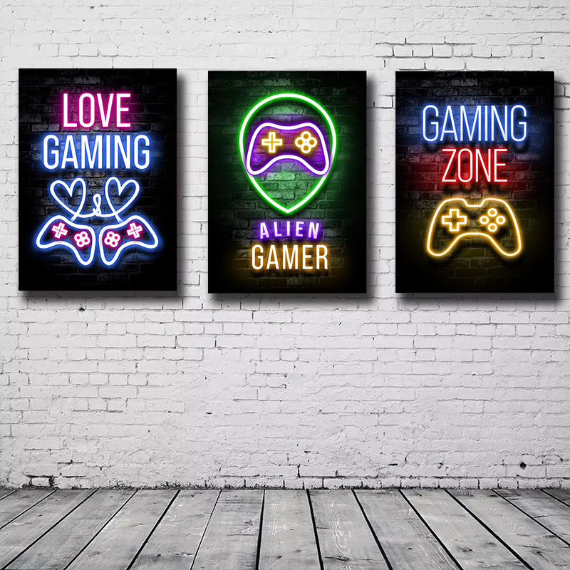 Modern Industrial Gaming Zone Neon Lights Wall Art Canvas Painting LED Wall Art  poster display Cafe Bar Room Home Decor