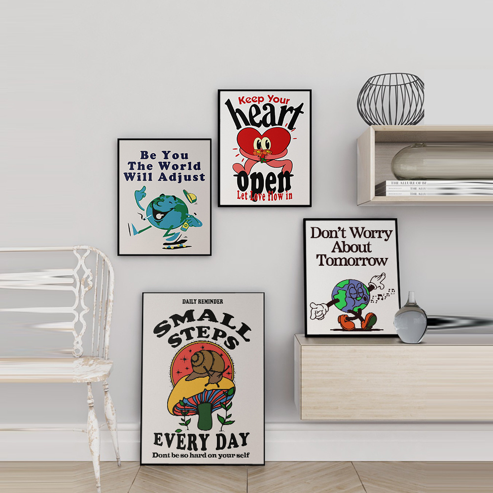 Cartoon Positive Quote Print Retro Art Poster Print Funny Character Abstract Emotions Canvas Painting Living Room Home Decor