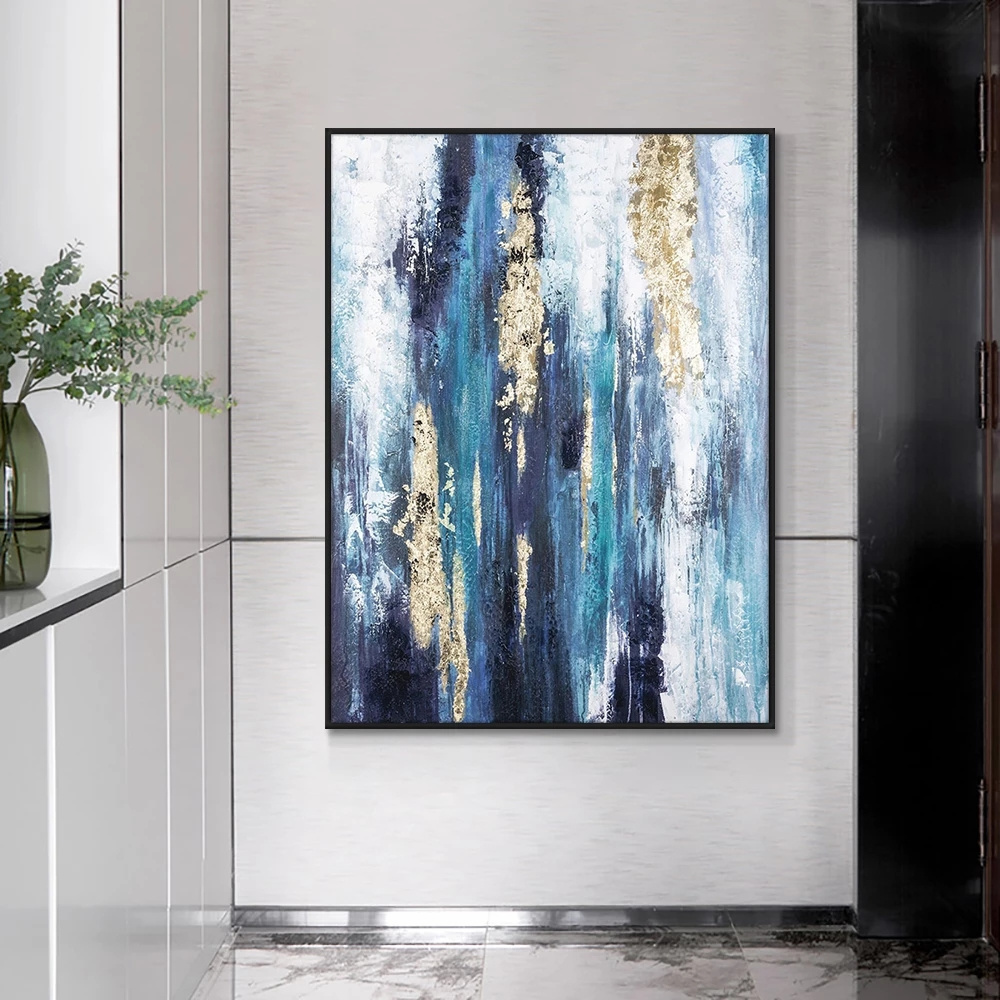 Home Decor Abstract Blue Painting Wth Gold Foil Hand Painted Handmade Wall Art Oil Painting On Canvas custom oil painting