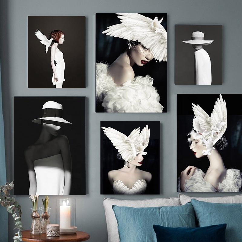 Commercial Printed Portrait No Frame Oil Painting Prints Decor of Beautiful Wing for Home Decor Wall Canvas Girl Picture Modern