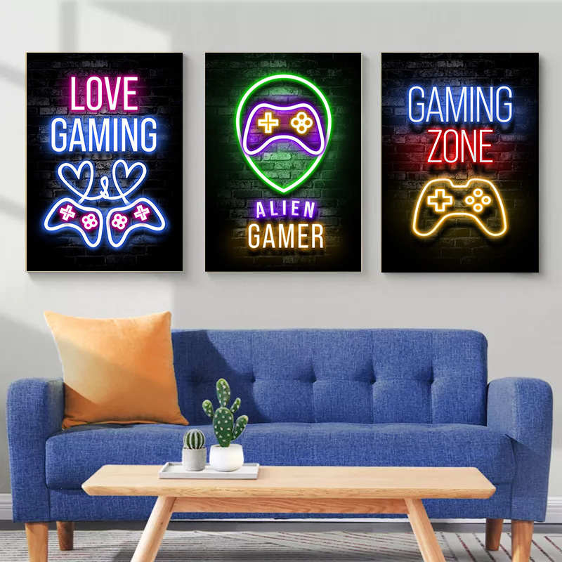 Modern Industrial Gaming Zone Neon Lights Wall Art Canvas Painting LED Wall Art  poster display Cafe Bar Room Home Decor