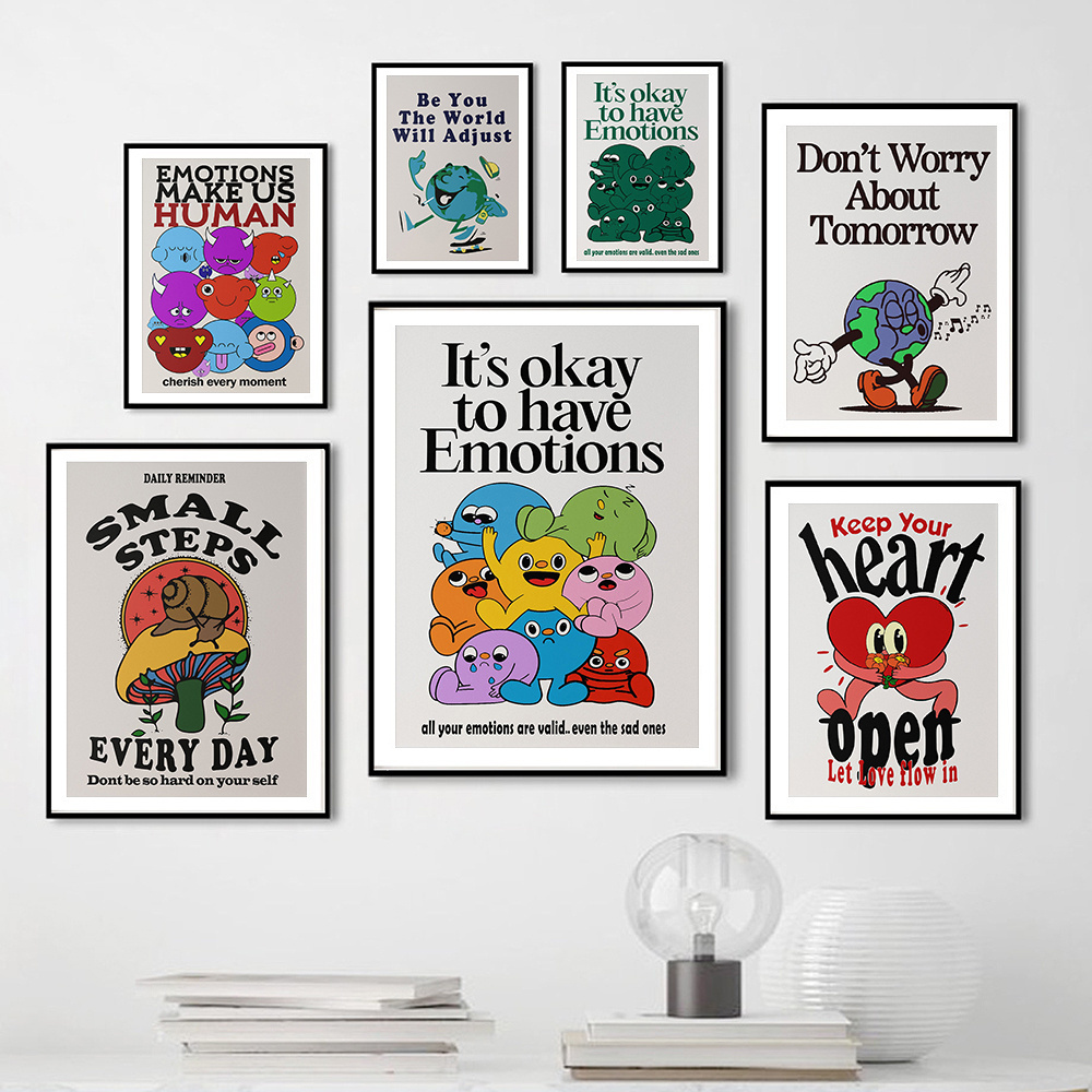 Cartoon Positive Quote Print Retro Art Poster Print Funny Character Abstract Emotions Canvas Painting Living Room Home Decor