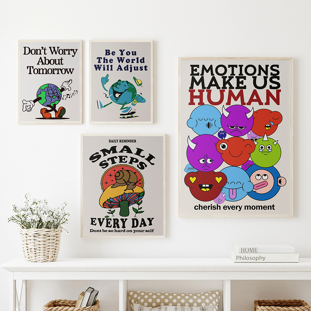 Cartoon Positive Quote Print Retro Art Poster Print Funny Character Abstract Emotions Canvas Painting Living Room Home Decor