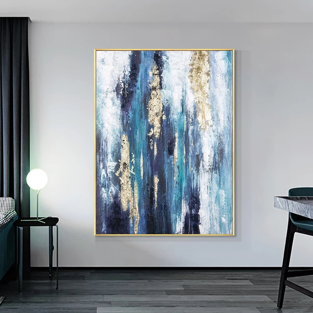 Home Decor Abstract Blue Painting Wth Gold Foil Hand Painted Handmade Wall Art Oil Painting On Canvas custom oil painting