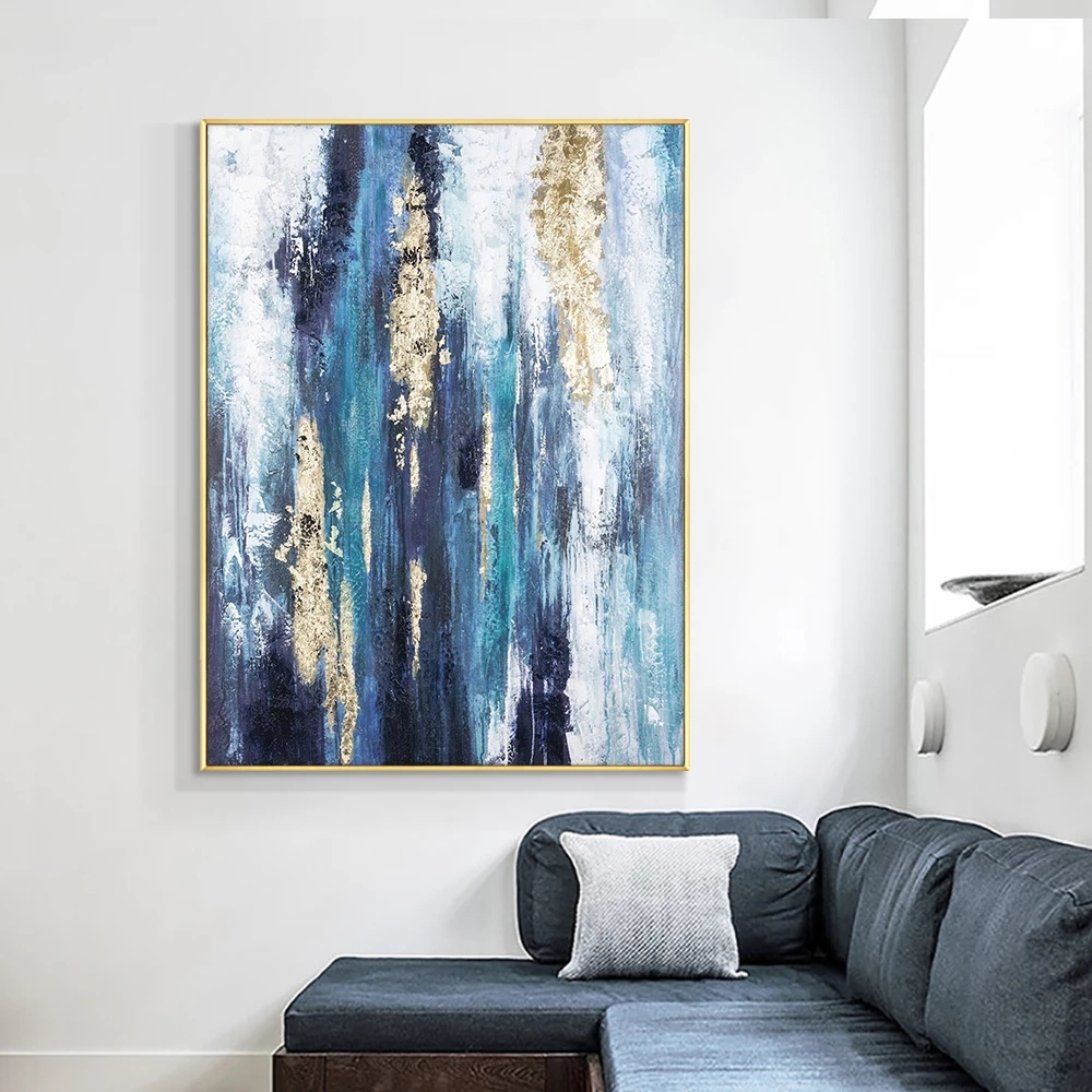 Home Decor Abstract Blue Painting Wth Gold Foil Hand Painted Handmade Wall Art Oil Painting On Canvas custom oil painting