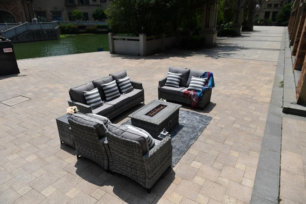 7 Seats Modern Wicker/Rattan Outdoor Furniture Garden  Patio Sofa Set with Gas Fire Pit Table