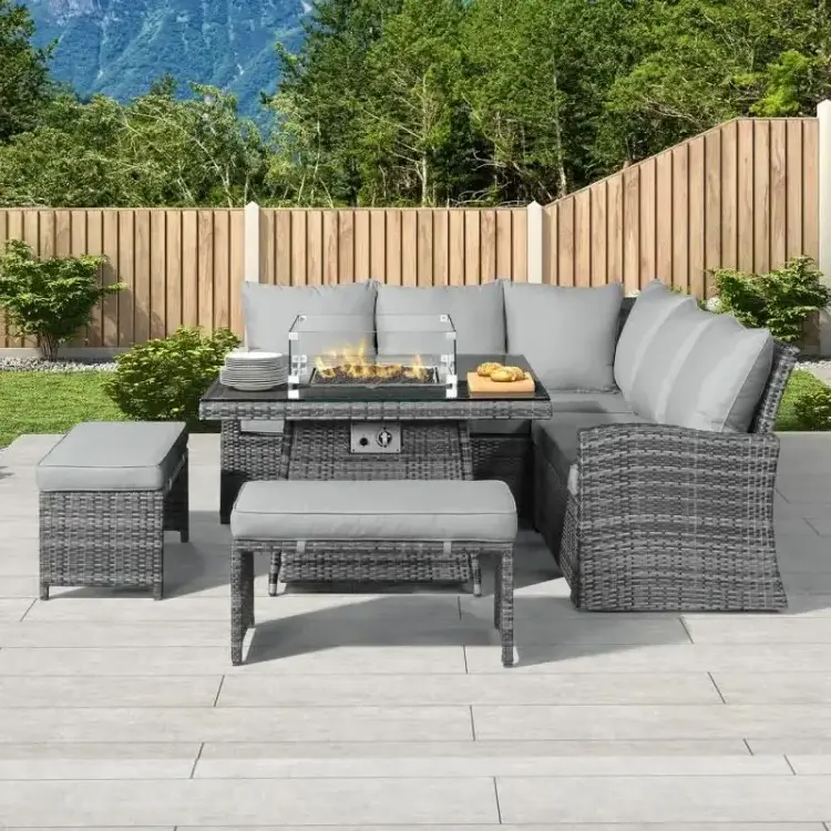 Luxury Outdoor Sectional Set Rattan Garden Furniture with Fire Pit Dining Table